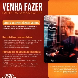 🚀💻 Venha fazer parte da nossa equipe! 💡📡 Estamos em busca de um Analista de Suporte Técnico e Sistemas para atuar em um ambiente inovador e dinâmico! Se você tem experiência na área e quer novos desafios, essa oportunidade é para você!  📩 Envie seu currículo para coord.nti@fapam.edu.br com o assunto “Analista de Suporte Técnico e Sistemas”.  #VagasTI #Oportunidade #SuporteTI #Tecnologia #FAPAM