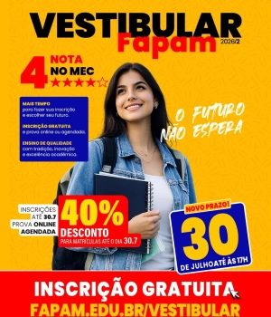 🚨 Vocês pediram, e nós atendemos!  🎉 As inscrições para o Vestibular FAPAM 2026/2 foram PRORROGADAS!  Essa é a sua chance de garantir uma graduação de qualidade e dar o primeiro passo rumo ao seu futuro.  ✅ Inscrições gratuitas para o vestibular  🎓 40% de desconto na matrícula realizada até o dia 30 de julho  Não perca essa nova oportunidade. Venha ser FAPAM! Link na bio.  #fapam #vestibularfapam #parademinas