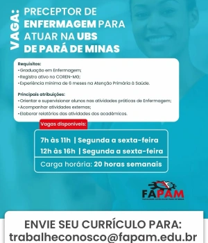 📢 A FAPAM está contratando! Temos vagas abertas para Preceptor(a) de Enfermagem para atuação na Atenção Primária à Saúde. Venha fazer parte da nossa equipe! 💙  #Fapam #VagaEnfermagem