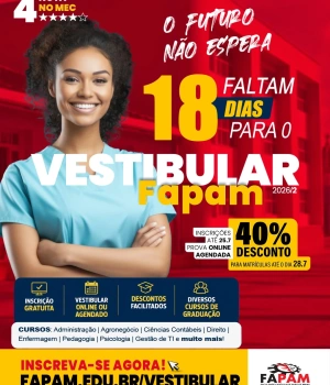 O seu futuro não espera. Faltam só 18 dias.  Você ainda não começou a faculdade e sonha em ser enfermeiro(a)?  A diferença entre quem realiza sonhos e quem apenas sonha começa com uma decisão.  Na FAPAM você faz sua inscrição gratuitamente e realiza o vestibular online. 👉 Faça sua inscrição hoje mesmo - link na nossa Bio.  #Fapam #Vestibular