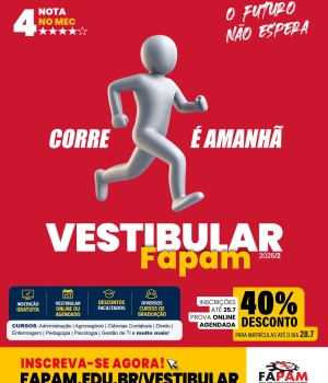 ⚠️ SÓ ATÉ AMANHÃ PARA SE INSCREVER! Ainda dá tempo de garantir sua vaga no Vestibular FAPAM 2026/2.  🎓 Inscrições gratuitas. Não deixe seu futuro para depois! 🚀 Acesse o link na nossa bio.  #Fapam #VestibularFapam