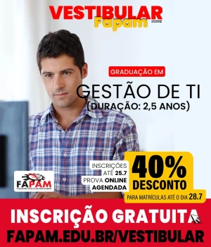 A tecnologia está presente em tudo e os profissionais de TI estão entre os mais requisitados do mercado.  Na FAPAM, o curso de Gestão da Tecnologia da Informação prepara você para atuar com inovação, desenvolvimento de soluções e gestão de processos tecnológicos.  🎓 Transforme sua paixão por tecnologia em uma carreira de sucesso. 🚀 Vestibular FAPAM 2026/2 com inscrições gratuitas. Link na bio.  #VestibularFAPAM #GTI #TecnologiaDaInformação #FAPAM #SeuFuturoComeçaAqui