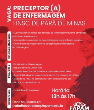 A Faculdade Católica de Pará de Minas – FAPAM está com oportunidade para Preceptor(a) de Enfermagem, profissional que atuará no acompanhamento e supervisão dos acadêmicos durante as atividades práticas, contribuindo para uma formação técnica, ética e humanizada.  💙 Confira os requisitos e participe do processo seletivo.   #Fapam #VagaEnfermagem