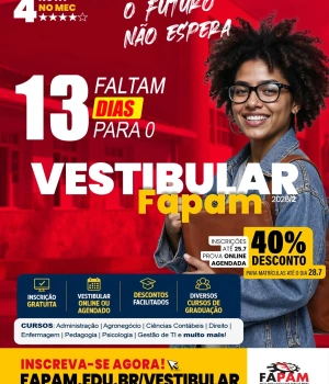 O seu futuro não espera. ⚠️Faltam só 13 dias.  Seu futuro merece uma escolha segura. Cursos reconhecidos. Professores experientes. Nota 4 no MEC. Há quase 60 anos formando profissionais.   Aqui você encontra a graduação certa para transformar sua carreira. 💙 Faça sua inscrição. #VemSerFapam