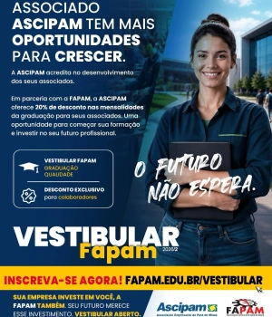 Os associados da Ascipam contam com mais um benefício por meio da Rede Ascipam de Vantagens. 📚 A Fapam, que integra o quadro de associados da entidade há quase 10 anos, oferece aos empresários, colaboradores e associados da Ascipam 20% de desconto nas mensalidades dos cursos de graduação. Além disso, concede 10% de desconto para pagamentos realizados até a data de vencimento, permitindo um benefício total de até 30% nas mensalidades. 👩🏻‍🎓👨🏼‍🎓  ✅ Com inscrições gratuitas para o Vestibular Fapam 2026/2, este é o momento ideal para quem deseja iniciar ou dar continuidade à formação acadêmica em uma instituição reconhecida pela qualidade do ensino e pela proximidade com o mercado de trabalho. A instituição também oferece 40% de desconto na matrícula para inscrições efetuadas até o dia 28 de julho.   A iniciativa reforça o compromisso da Rede Ascipam de Vantagens em ampliar as vantagens oferecidas aos associados, conectando empresas parceiras e proporcionando benefícios que contribuem para o desenvolvimento profissional e a qualificação da comunidade empresarial. 🤝  ✨ Aproveite a oportunidade e invista no seu futuro profissional!