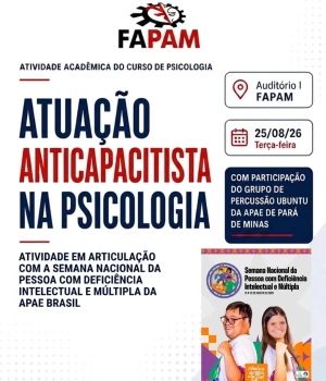 ■ “Atuação Anticapacitista na Psicologia” ■ "Deficiência não define. Oportunidade transforma. Inclua nossa voz"  ● O Curso de Psicologia da FAPAM organiza a atividade acadêmica “Atuação Anticapacitista na Psicologia”, em articulação com uma das maiores Redes de Atenção à Pessoa com Deficiência, a APAE Brasil @apaebrasil , no contexto da Semana Nacional da Pessoa com Deficiência Intelectual e Múltipla 2026.   ● Essa atividade foi preparada com muito carinho pelos professores Ricardo Pimenta @ricardopimentapsi e Gabriele Queiroz @gabrieleaqz , a coordenação do Curso de Psicologia @eserbhz , juntamente com os alunos apoiadores.   ● Receberemos parceiros e convidados da Federação das APAEs do Estado de Minas Gerais – FEAPAES/MG @feapaesmg , da APAE de Pará de Minas @apae_pm e da APAE de Itaúna @apaeitauna  ● Atenção, docentes e discentes do Curso de Psicologia: no próximo dia 25 de agosto, terça-feira, das 19h às 22h30, no Auditório 1, ao lado da Capela, teremos a oportunidade de debater a pauta anticapacitista, não só para, mas com pessoas com deficiência.  Discentes-apoiadores  ● @angelaqueiroozz @eipauloxavier @martinsmarilia7 @teixeira_eveline Maria Eduarda Braga da Silva   ●@ise.alm @lores.r_ @marimamede.jpg  ● @andrea.marmoll Aline Silva Ramos  @fernandarodrigues_psicologa @nanda_parreiras @maria02006  ● @manuemtravessia @julianainaciocalomeni @luz_ia19 @coutinhoexplica  ● A FAPAM terá a alegria de receber o Grupo de Percussão Ubuntu da APAE de Pará de Minas, que se soma a profissionais, autodefensores e convidados.  @danielbarbosamg @cesarhogomes @natalia.scordeiro @railla377  ● Em alusão ao Dia do Psicólogo, também será um momento para refletirmos sobre nossa atuação profissional e compromisso ético.  ● Consulte os folders para temas, convidados e programação. Contamos com sua presença.  Abraço 🌻  Professores Ricardo Pimenta e Gabriele Queiroz  @fapam_oficial @psicologia_fapam  @faculdadeapae  @maryfioravante  @marliduarteduarte  @tacianaduartesilva  @analuisaribeiropsi  @marinasaraiva.br  @marcelocampospsi  @amandadassumpcaopsi  @amandamaralpsi  @glenialara2  @prof.enf.wesley  @guilhermecpsi @francielemelopsi