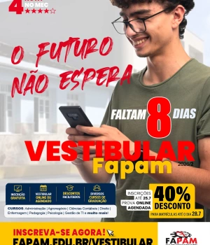 ⏳ FALTAM 8 DIAS! Seu futuro está a um passo de começar.  🎓 Garanta sua inscrição no Vestibular FAPAM 2026/2. Inscrições gratuitas! 🚀 Link na bio.  #Fapam #VestibularFapam