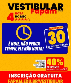 🚨 É HOJE!  Último dia para se inscrever no Vestibular FAPAM 2026/2.  🎓 Inscrições gratuitas. Não perca essa oportunidade de transformar o seu futuro.  💙 Esperamos por você!  #Fapam #Vestibular
