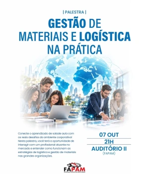 📦🚚 Da teoria à prática!  No dia 07/10, a FAPAM realizará a palestra “Gestão de Materiais e Logística na Prática”, uma oportunidade para conhecer de perto os desafios, estratégias e processos que fazem parte da rotina das organizações.  📅 07/10 | ⏰ 19h às 21h 📍 Auditório II – FAPAM  Conhecimento conectado à realidade do mercado! 💙  #FAPAM #Logística #GestãoDeMateriais #Administração #MercadoDeTrabalho