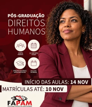 🎓 A FAPAM está com inscrições abertas para a Pós-graduação em Direitos Humanos, uma oportunidade para profissionais que desejam aprofundar seus conhecimentos, ampliar sua atuação e contribuir para uma sociedade mais justa e inclusiva.  💙 Invista na sua formação e amplie suas possibilidades profissionais!  👉 Inscreva-se: https://lix.li/bmUAc  #FAPAM #PósGraduação #DireitosHumanos #EducaçãoPresencial #Especialização
